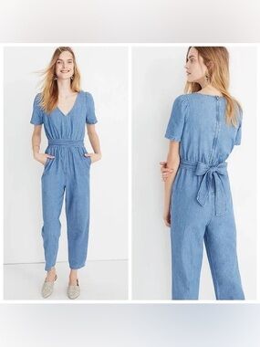 Madewell Denim Puff-Sleeve Tapered Jumpsuit in Claridge Wash Chambray Size 2